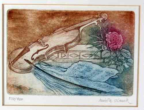 Krista Slanik ? - Lithography 'Violin and Rose'